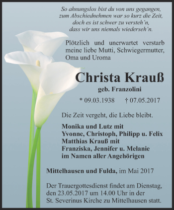 Traueranzeige von Christa Krauß von Thüringer Allgemeine, Thüringische Landeszeitung