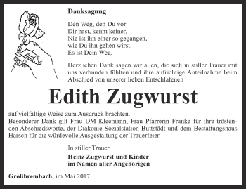 Traueranzeige von Edith Zugwurst von Thüringer Allgemeine