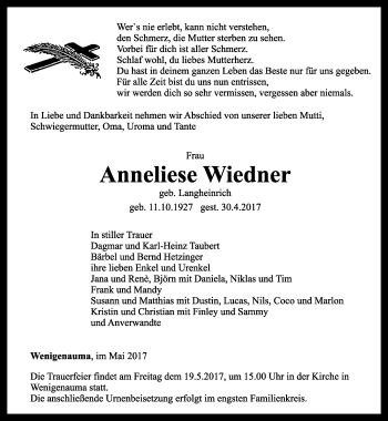 Traueranzeige von Anneliese Wiedner von Ostthüringer Zeitung