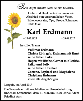 Traueranzeige von Karl Erdmann von Thüringer Allgemeine, Thüringische Landeszeitung