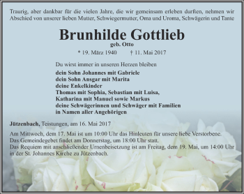 Traueranzeige von Brunhilde Gottlieb von Thüringer Allgemeine