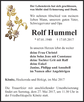 Traueranzeige von Rolf Hummel von Ostthüringer Zeitung