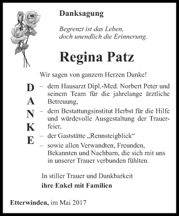 Traueranzeige von Regina Patz von Thüringer Allgemeine, Thüringische Landeszeitung