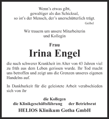 Traueranzeige von Irina Engel von Ostthüringer Zeitung, Thüringische Landeszeitung