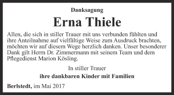 Traueranzeige von Erna Thiele von Thüringer Allgemeine, Thüringische Landeszeitung