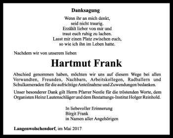 Traueranzeige von Hartmut Frank von Ostthüringer Zeitung