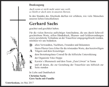 Traueranzeige von Gerhard Sachs von Ostthüringer Zeitung