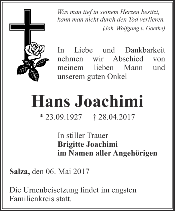 Traueranzeige von Hans Joachimi von Thüringer Allgemeine