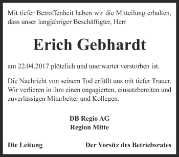 Traueranzeige von Erich Gebhardt von Thüringer Allgemeine