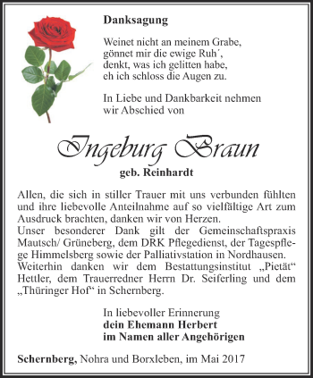 Traueranzeige von Ingeburg Braun von Thüringer Allgemeine