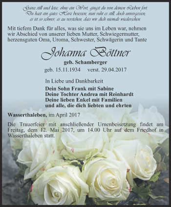 Traueranzeige von Johanna Böttner von Thüringer Allgemeine