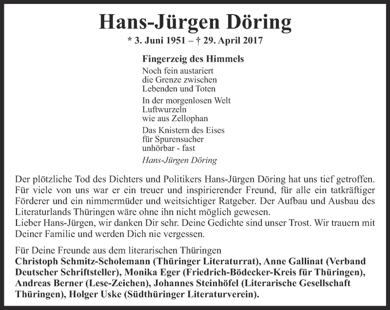 Traueranzeige für Hans-Jürgen Döring vom 06.05.2017 aus Ostthüringer Zeitung, Thüringische Landeszeitung