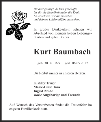 Traueranzeige von Kurt Baumbach von Thüringer Allgemeine, Thüringische Landeszeitung
