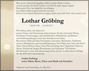 Traueranzeige von Lothar Gröbing von Thüringer Allgemeine, Thüringische Landeszeitung