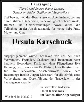 Traueranzeige von Ursula Karschuck von Ostthüringer Zeitung, Thüringische Landeszeitung