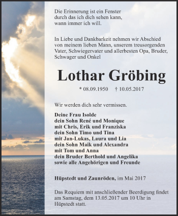 Traueranzeige von Lothar Gröbing von Thüringer Allgemeine, Thüringische Landeszeitung