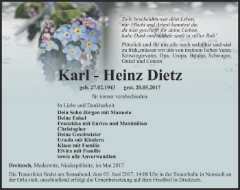 Traueranzeige von Karl-Heinz Dietz von Ostthüringer Zeitung