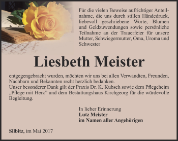 Traueranzeige von Liesbeth Meister von Ostthüringer Zeitung