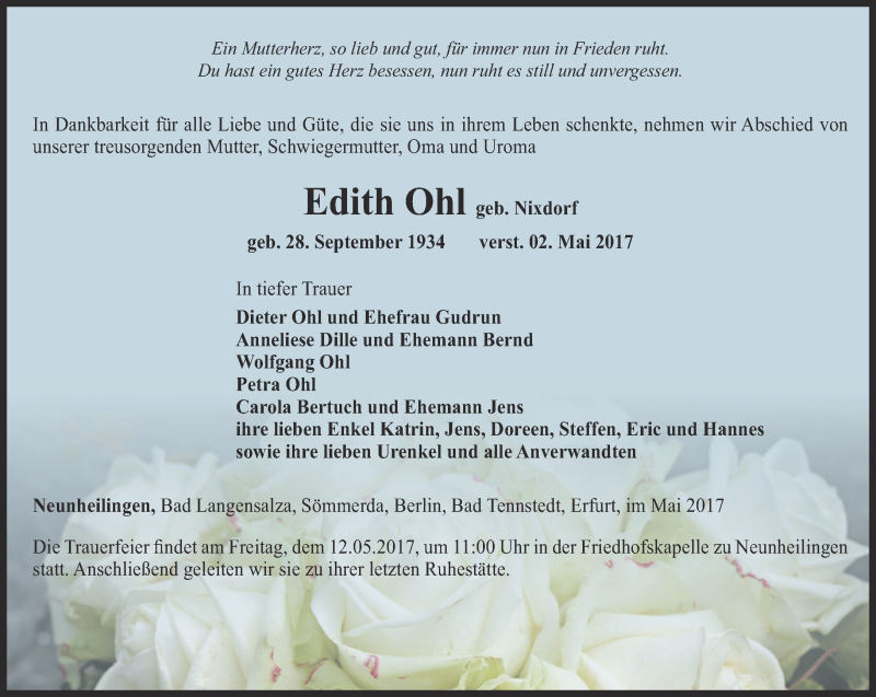  Traueranzeige für Edith Ohl vom 06.05.2017 aus Thüringer Allgemeine, Thüringische Landeszeitung