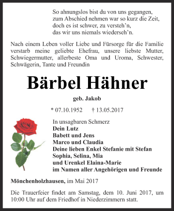 Traueranzeige von Bärbel Hähner von Thüringer Allgemeine, Thüringische Landeszeitung