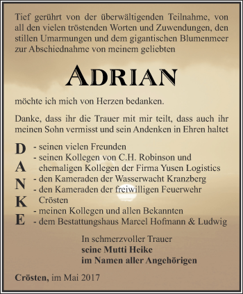 Traueranzeige von Adrian  von Ostthüringer Zeitung