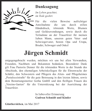 Traueranzeige von Jürgen Schmidt von Ostthüringer Zeitung, Thüringische Landeszeitung