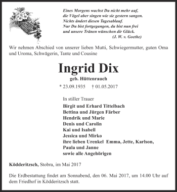 Traueranzeige von Ingrid Dix von Thüringer Allgemeine, Thüringische Landeszeitung