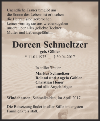 Traueranzeige von Doreen Schmeltzer von Thüringer Allgemeine