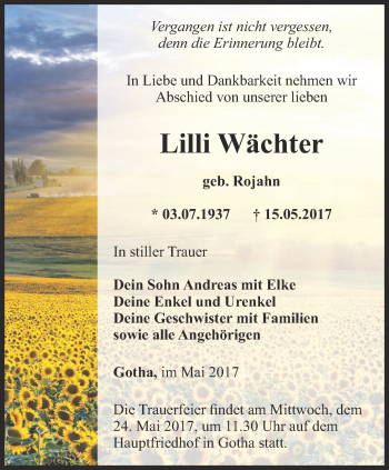 Traueranzeige von Lilli Wächter von Ostthüringer Zeitung, Thüringische Landeszeitung