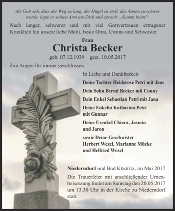 Traueranzeige von Christa Becker von Ostthüringer Zeitung