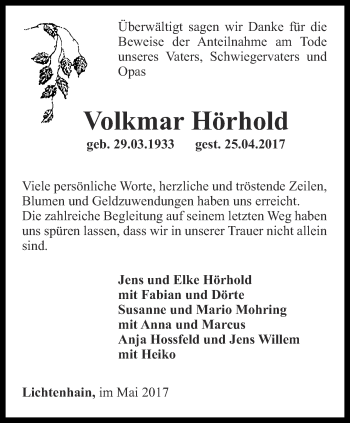 Traueranzeige von Volkmar Hörhold von Ostthüringer Zeitung, Thüringische Landeszeitung