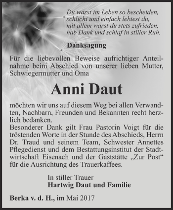 Traueranzeige von Anni Daut von Thüringer Allgemeine, Thüringische Landeszeitung