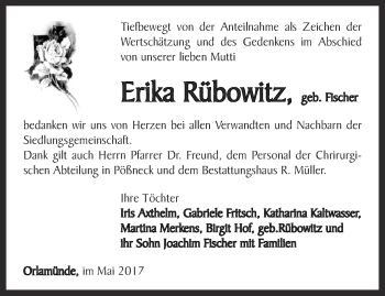 Traueranzeige von Erika Rübowitz von Ostthüringer Zeitung, Thüringische Landeszeitung