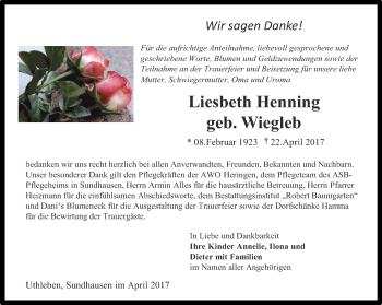 Traueranzeige von Liesbeth Henning von Thüringer Allgemeine