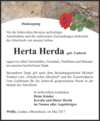 Traueranzeige von Herta Herda von Ostthüringer Zeitung, Thüringische Landeszeitung