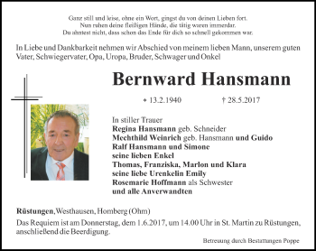 Traueranzeige von Bernward Hansmann von Thüringer Allgemeine