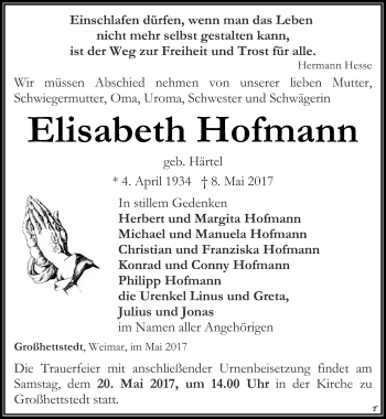 Traueranzeige von Elisabeth Hofmann von Thüringer Allgemeine