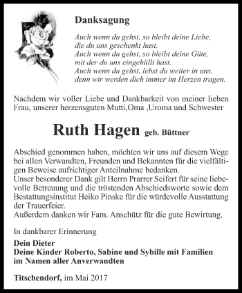 Traueranzeige von Ruth Hagen von Ostthüringer Zeitung