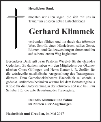 Traueranzeige von Gerhard Klimmek von Thüringer Allgemeine