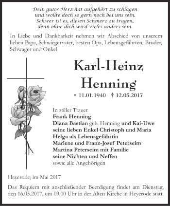 Traueranzeige von Karl-Heinz Henning von Thüringer Allgemeine, Thüringische Landeszeitung