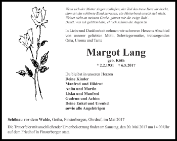Traueranzeige von Margot Lang von Ostthüringer Zeitung, Thüringische Landeszeitung