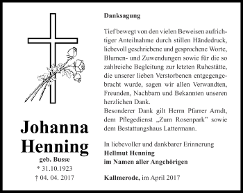 Traueranzeige von Johanna Henning von Thüringer Allgemeine