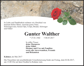 Traueranzeige von Gunter Walther von Ostthüringer Zeitung