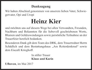 Traueranzeige von Heinz Kier von Thüringer Allgemeine, Thüringische Landeszeitung