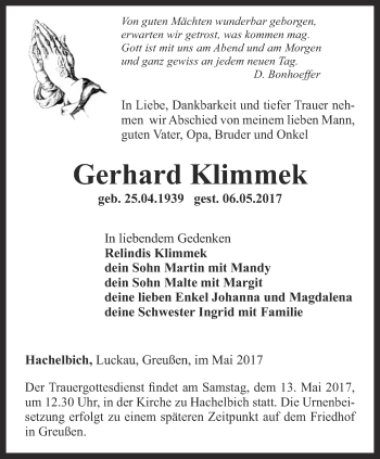 Traueranzeige von Gerhard Klimmek von Thüringer Allgemeine