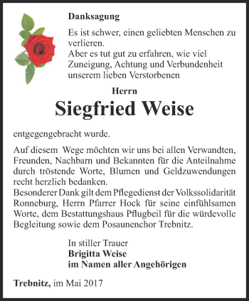 Traueranzeige von Siegfried Weise von Ostthüringer Zeitung