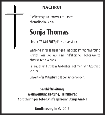 Traueranzeige von Sonja Thomas von Thüringer Allgemeine