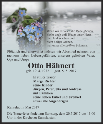 Traueranzeige von Otto Hähnert von Thüringer Allgemeine, Thüringische Landeszeitung