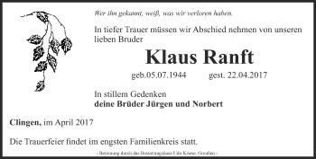 Traueranzeige von Klaus Ranft von Thüringer Allgemeine