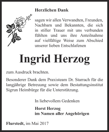 Traueranzeige von Ingrid Herzog von Thüringer Allgemeine, Thüringische Landeszeitung